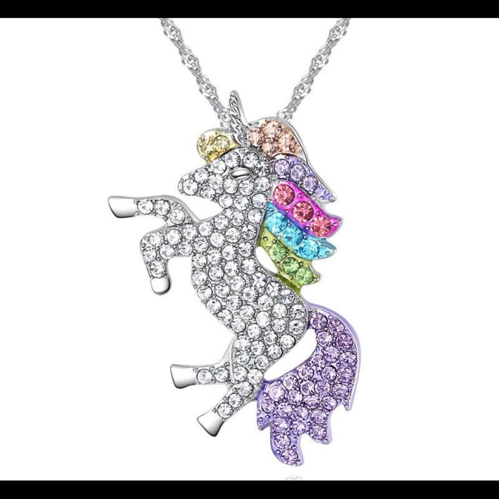 Silver rainbow crystal unicorn necklace